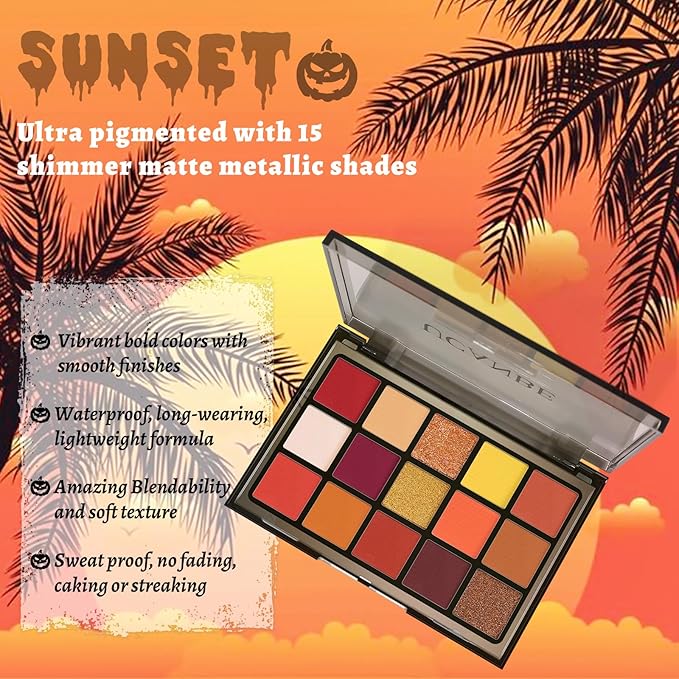 UCANBE Orange Eyeshadow Makeup Palette, 15 Colors Vibrant Shimmer Matte Glitter Eye Shadow Pallet, High Pigmented Warm Yellow Sunset Red Coral for Fall Cosplay Halloween Costume Parties Pumpkin Makeup-Velvo Beauty