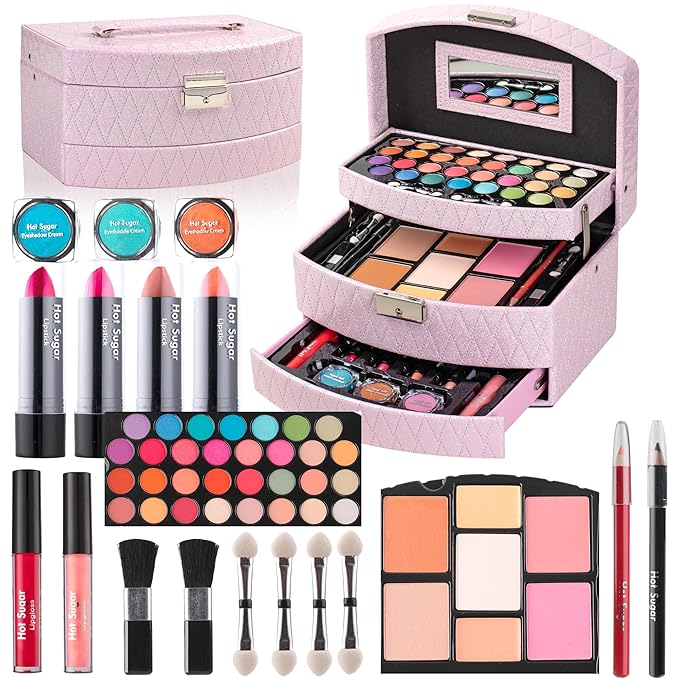 Hot Sugar Girls Makeup Kit for Birthday Gift, All in One Beginner Makeup Kit for Women Full Kit, Christmas Makeup Set for Teens 10 12 13 16 Includes Real Cosmetics and Makeup Tools (PINK)-Velvo Beauty