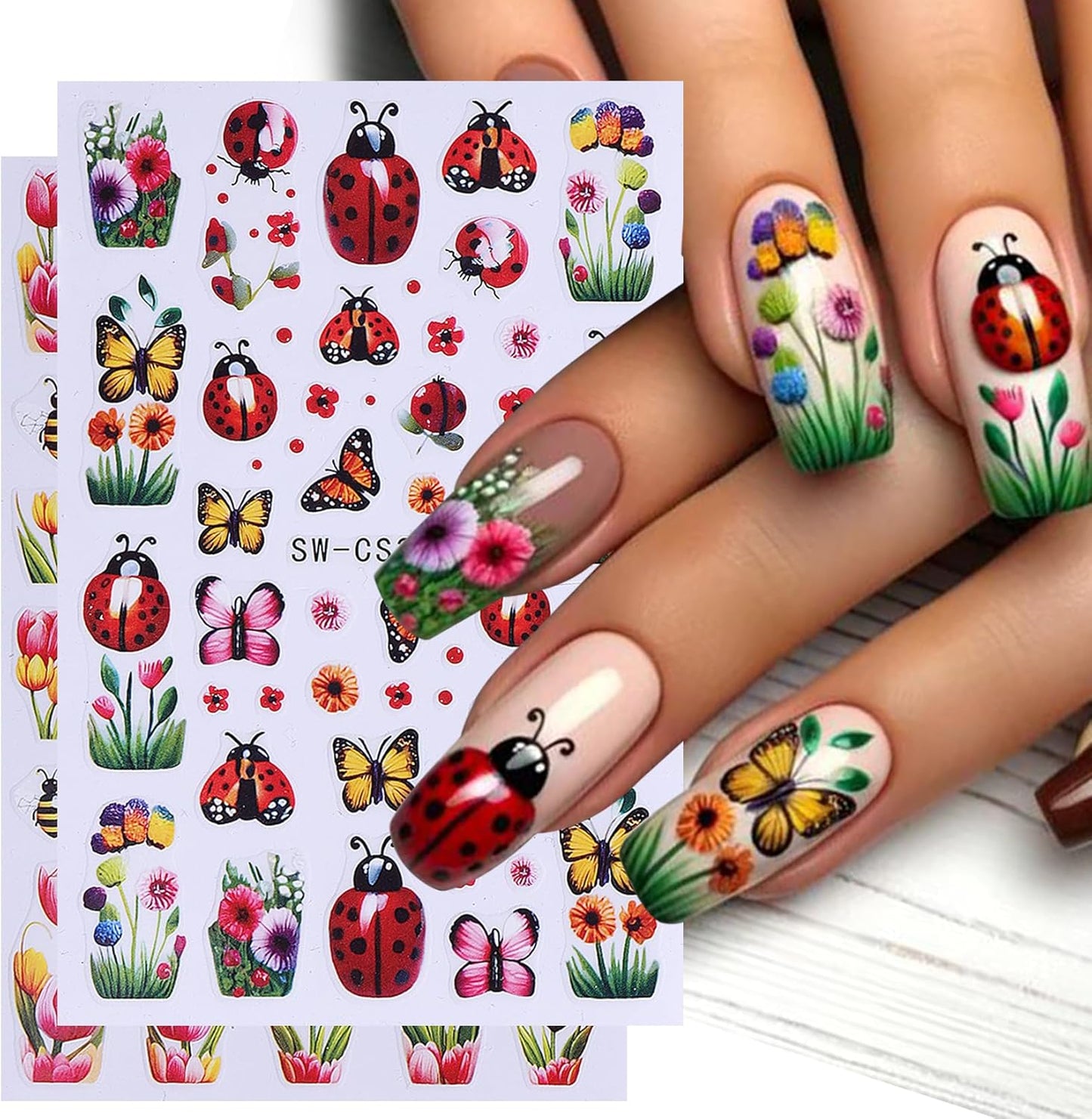Flower Stickers Nail Art Decals 12PCS Summer Nail Art Designs with Tweezers Tulip Butterfly Leaf Florals Ladybug Decals 3D Self-Adhesive Manicure Simple Nail Stickers for Women Acrylic Nails Supplies-Velvo Beauty