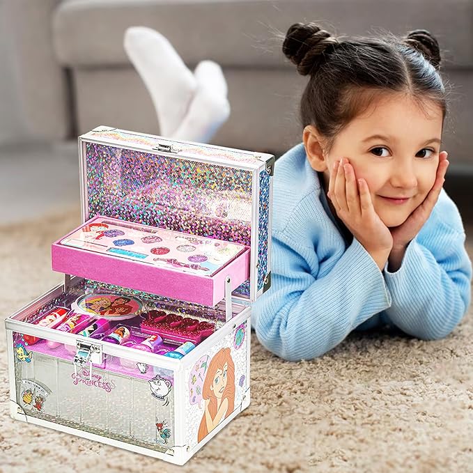Disney Princess Train Case Girls Beauty Set, Kids Makeup Kit for Girls, Real Washable Toy Makeup Set, Play Makeup, Pretend Play, Party Favor, Birthday, Toys Ages 3 4 5 6 7 8 9 10 11 12-Velvo Beauty