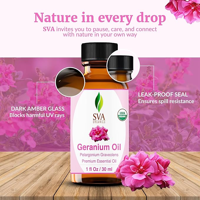SVA Geranium Essential Oil Organic – 1 Fl Oz – 100% Natural Organic Geranium Oil - for Diffuser, Hair Care, Face, Skin Care, Aromatherapy, Scalp and Body Massage, Soap and Candle making – with Dropper-Velvo Beauty