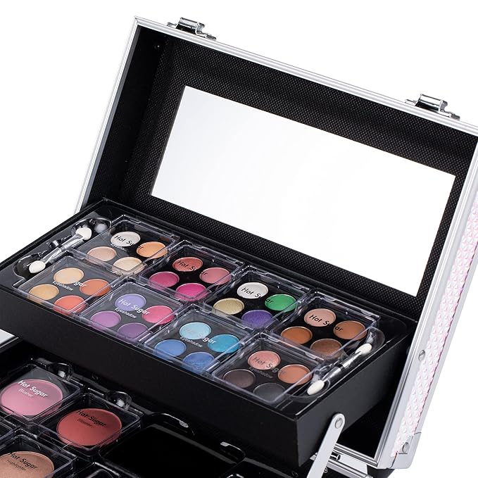 Hot Sugar Makeup Kit for Women Full Kit Teen Girls Starter Cosmetic Gift Set with Cute Mermaid Train Case Includes Pigmented Eyeshadow Palette Blush Lipstick Lip Pencil-Velvo Beauty