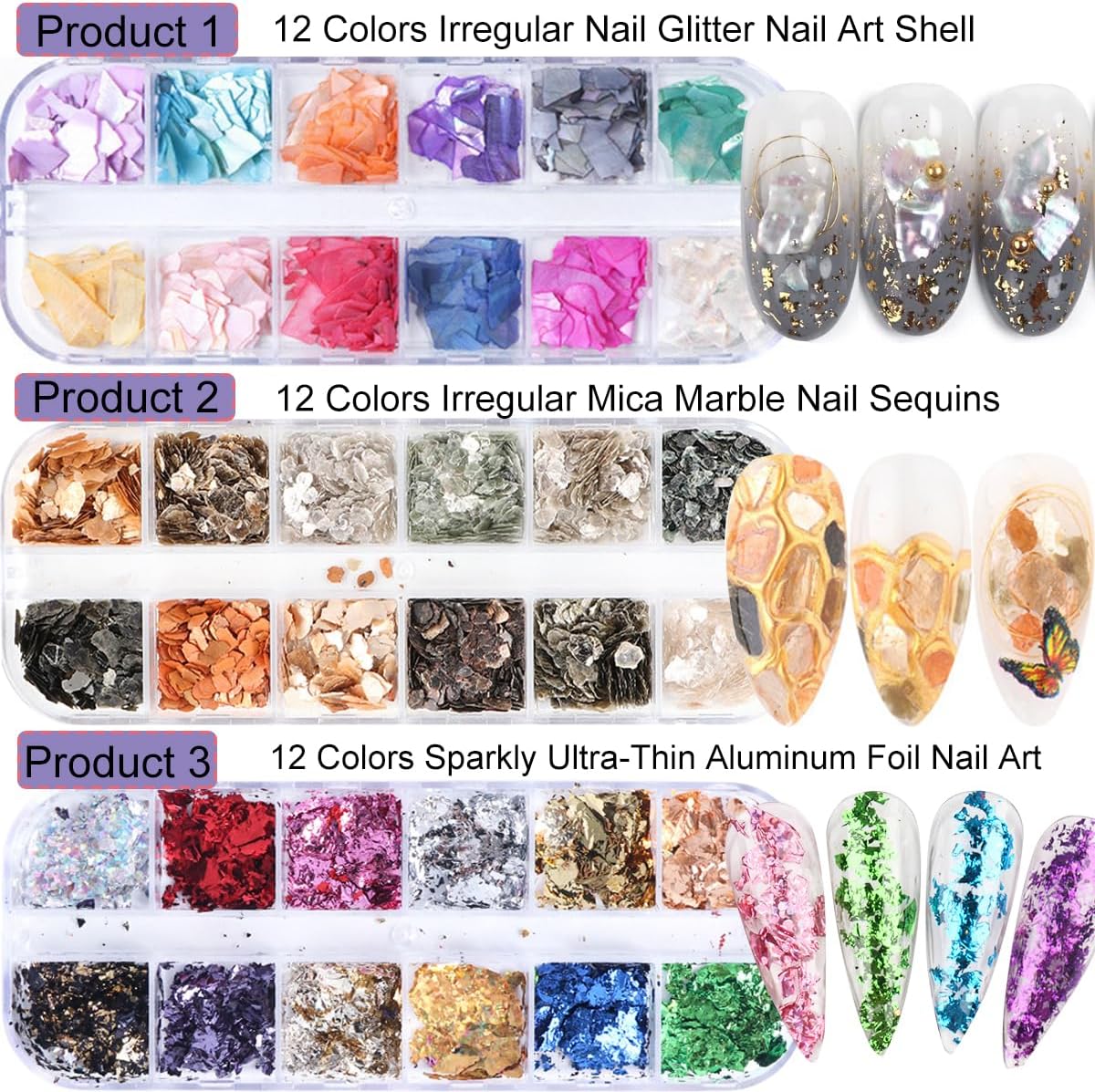 3 Boxes 36 Grids Nail Art Foil Flakes Glitter Irregular Mica Seashell Flakes,Nail Supplies Glitter Slice Colorful Marble Seashell DIY Acrylic Decorations Charms-Velvo Beauty