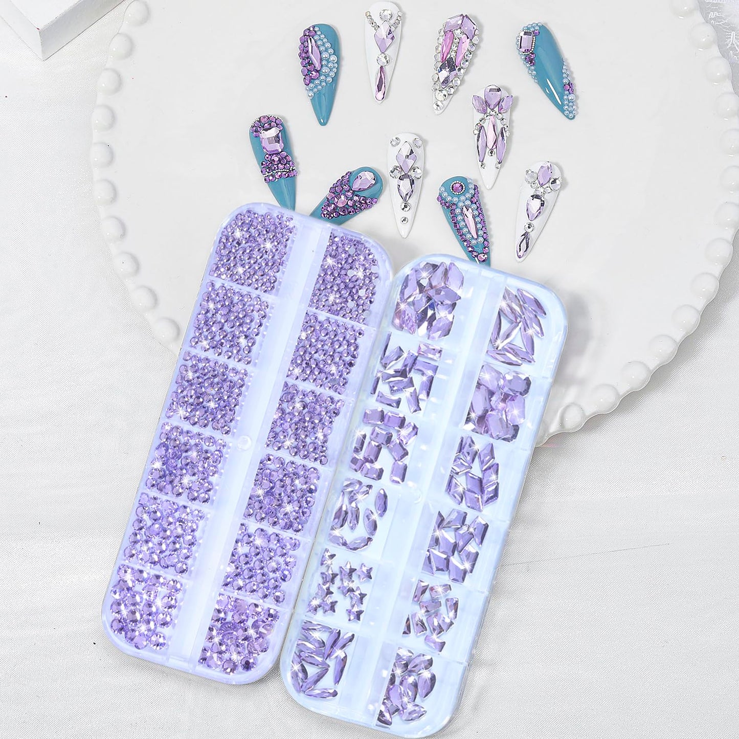 HNUIX Nail Rhinestones - 1600pcs 3D Multi Shape Size, Light Purple Nail Gems, Flat Back, with Kit, for Nail Art, DIY Decorations-Velvo Beauty