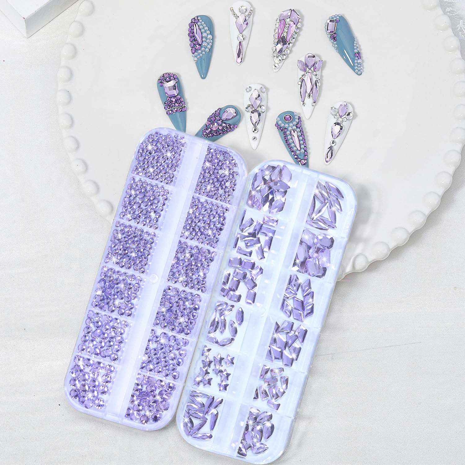 HNUIX Nail Rhinestones - 1600pcs 3D Multi Shape Size, Light Purple Nail Gems, Flat Back, with Kit, for Nail Art, DIY Decorations-Velvo Beauty