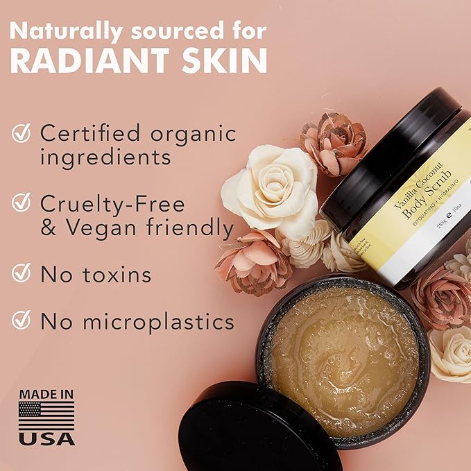 Organic Vanilla Coconut Body Scrub - USA Made Sugar Scrub with Natural Ingredients, Moisturizing Body & Foot Exfoliator for Dry and Sensitive Skin, Removes Dead Skin Cells & Reduces Ingrown Hair-Velvo Beauty