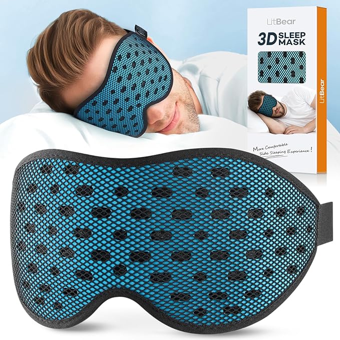 LitBear Breathable Sleep Mask, 3D Eye Mak Sleep for Side Sleepers Women Men, Light Blocking Sleeping Mask with Adjustable Strap, Soft Lightweight Eye Cover for Travel, Night Work, Nap, Office - Blue-Velvo Beauty