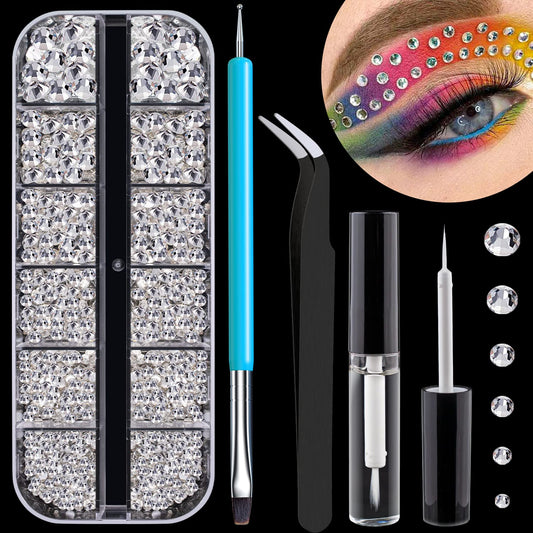1.5-6mm Round Flatback Face Gems Kit (Clear) for Makeup with Quick Dry Glue + Brush + Tweezer, Nail Art Rhinestones Transparent White Glass Crystal Beads for Make-up Deco-Velvo Beauty