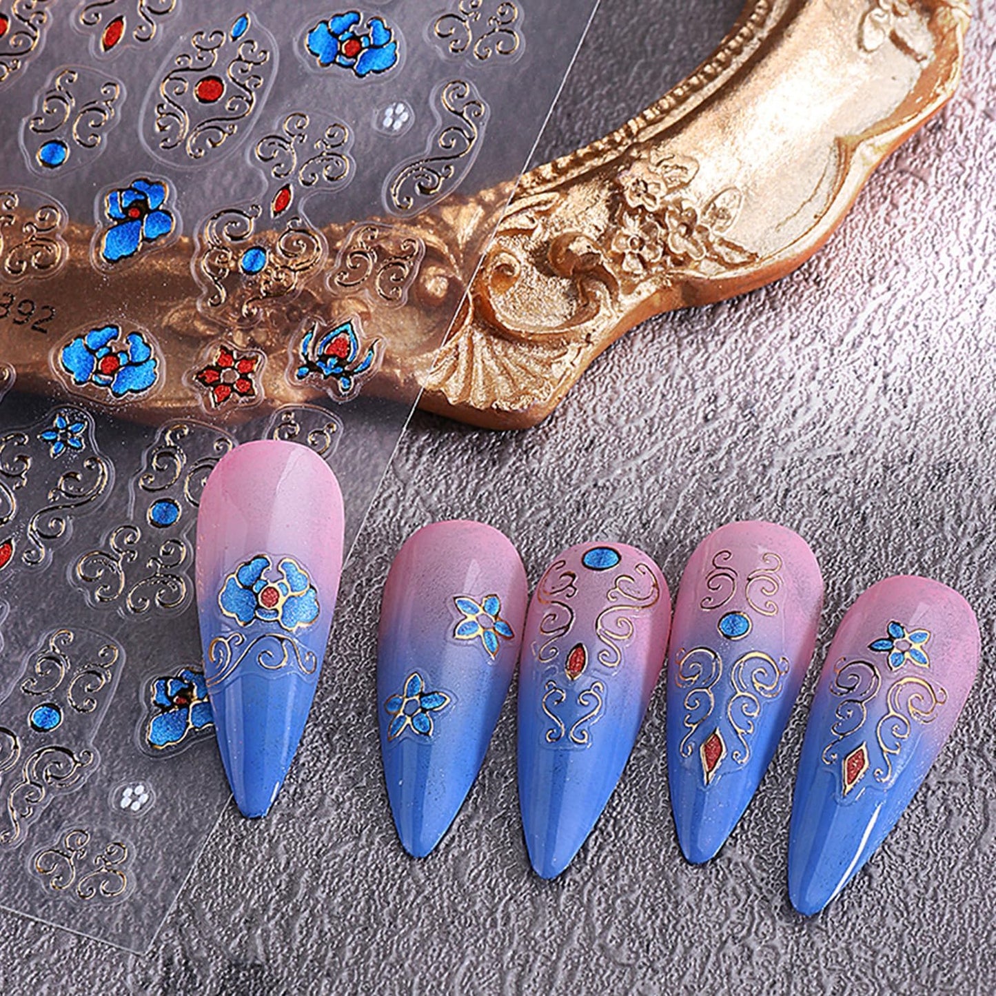 5 Sheets Bohemian Style Nails Art Stickers 3D Self-Adhesive Relief Nails Stickers Stars Moon Sun Golden Butterfly Flower Nail Decal Supplies Women's DIY Bohemian Nail Art Decoration-Velvo Beauty