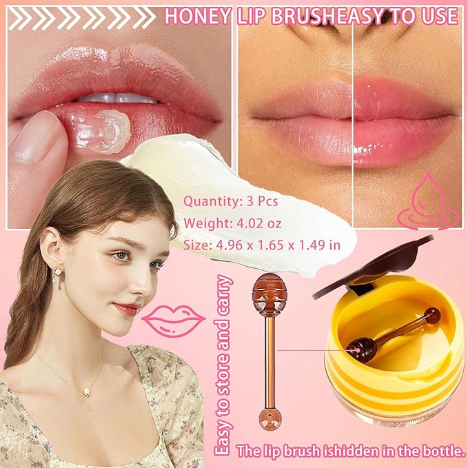 2PCS Bee Lip Balm,Hydrating Honey Pot Lip Balm with Stick,Non-Greasy Silky Sleeping Lip Mask Set,Long Lasting Lip Scrubs Moisturizer for Dry Cracked Lips（Honey ＋Strawberry）-Velvo Beauty
