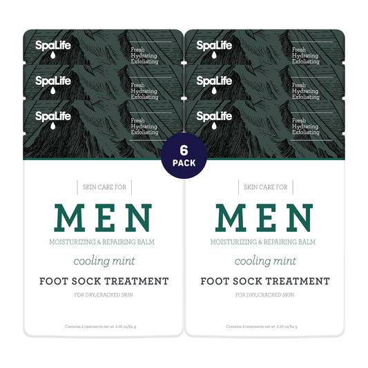 Spa Life Men's Cooling Mint Foot Repair Balm and Moisturizing Socks Set - Revitalizing Hydrating Foot Mask for Soothing Tired, Achy Feet and Softening Dry, Cracked Skin One Size Fits Most- 6 Pairs-Velvo Beauty