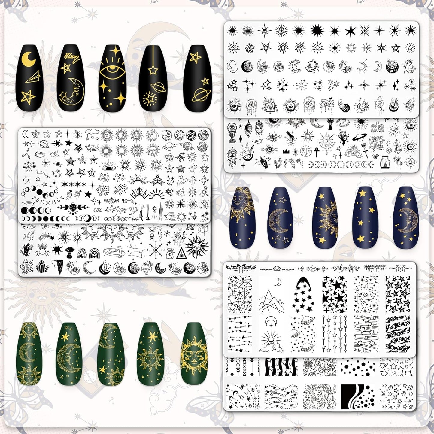 Whaline 6Pcs Sun Moon Star Nail Plates Stamping Set Groovy Stamp Templates Nail Art Plates for DIY Print Manicure Salon Design Gift Supplies-Velvo Beauty
