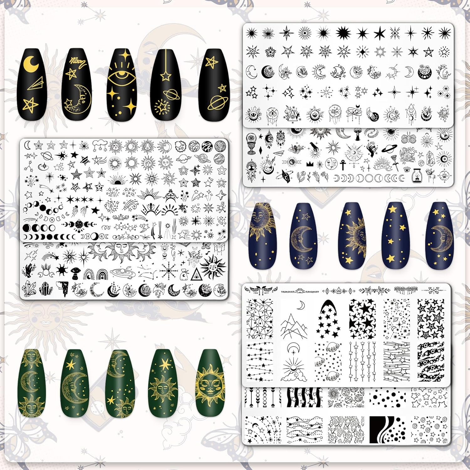 Whaline 6Pcs Sun Moon Star Nail Plates Stamping Set Groovy Stamp Templates Nail Art Plates for DIY Print Manicure Salon Design Gift Supplies-Velvo Beauty