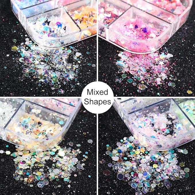 12 Grids Flaky Nail Art Glitter Sequins 3D Heart-Shaped Butterfly Ultra Thin Nail Art Sparkly Flake Designs Moon Stars Decorations Nail Glitter Sequins Suitable for Female Girl Nail Art Techniques-Velvo Beauty
