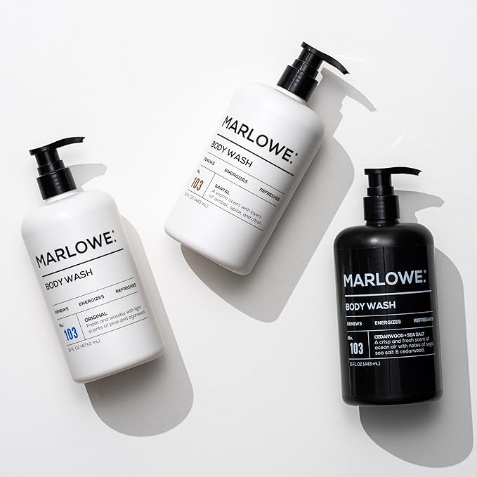 MARLOWE. No. 103 Body Wash 15 oz Pump, Cedarwood + Sea Salt, Energizing & Refreshing Shower Gel, Willow Bark & Green Tea Extracts, Cleanses, Moisturizes, Smooths & Nourishes, Fresh & Zesty Scent-Velvo Beauty