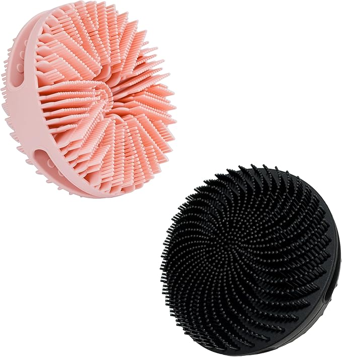 2 PC Silicone Exfoliating Body Scrubber, Silicone Body Shampoo Brush, Soft Silicone Loofah for Sensitive Skin, Shower Silicone Hair Scalp Massager, Easy to Clean, Lather Well(Pink&Black)-Velvo Beauty