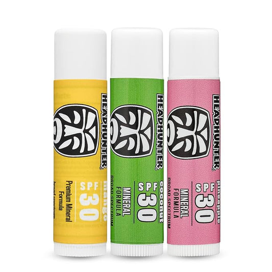 Headhunter Sport Chapstick Sunscreen SPF 30, Natural Mineral Waterproof Lip Balm For Sun Protection, Ultra Solar Defense - Reef Safe Sunblock Chap Stick, 3 Flavors - Coconut, Pineapple, Mango (3 Pack)-Velvo Beauty