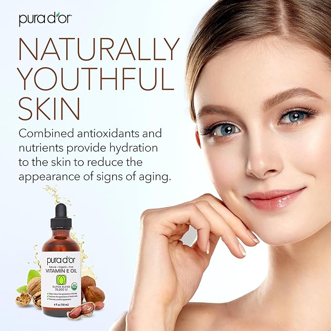 PURA D'OR 4 Oz ORGANIC Vitamin E Oil Blend - 100% Natural Hexane Free, Sweet Almond, Apricot, Jojoba, Argan, Rosehip, Sunflower & Avocado Bath Oil For Scars, Skin, Face & Full Body-Velvo Beauty