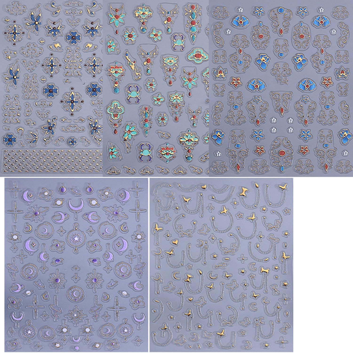 5 Sheets Bohemian Style Nails Art Stickers 3D Self-Adhesive Relief Nails Stickers Stars Moon Sun Golden Butterfly Flower Nail Decal Supplies Women's DIY Bohemian Nail Art Decoration-Velvo Beauty