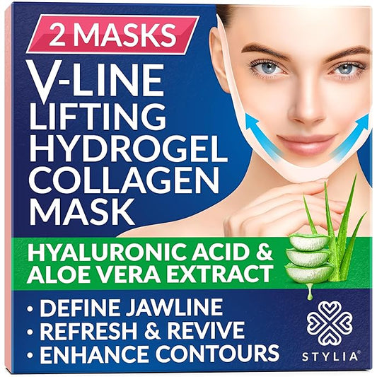 Stylia V Line Lifting Collagen Face Mask - Double Chin Strap for Women - Jawline Shaper Face Lift Tape - Neck Lift Collagen Mask - Chin Strap for Sleeping - Hyaluronic Acid, Aloe Vera, Cica 2PC-Velvo Beauty