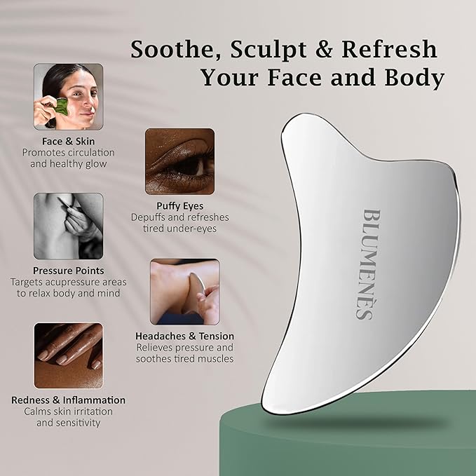 Blumenes - Traditional Gua Sha Tool - Stainless Steel Massage Tool for Face & Body - Cold & Heat Retention for Relaxing Spa Experience - Durable Stainless Gua Sha for Enhanced Skincare Routine-Velvo Beauty