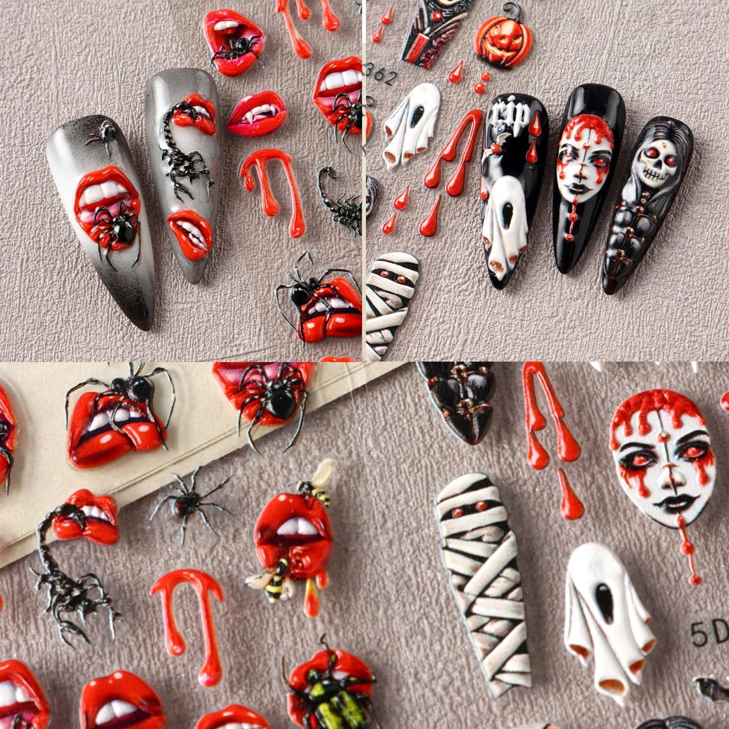 2 Sheets Halloween Nail Art Stickers 5D Embossed Horror Ghost Nail Stickers Big Red Lips Pumpkin Devil's Flame Eye Bat Design Terror Spider Mummy Nail Decals for Women Acrylic DIY Nail Decorations-Velvo Beauty