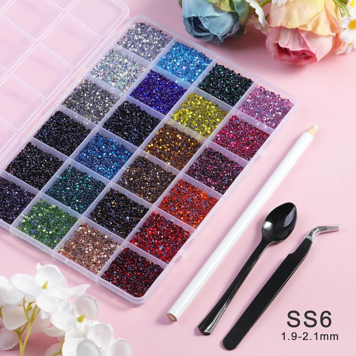 Hotfix Rhinestones Mixed 24 Colors, SS6 Rhinestones for Crafts Clothes, Hotfix Crystals with 1 Tweezers, 1 Wax Pencil and 1 Spoon-Velvo Beauty