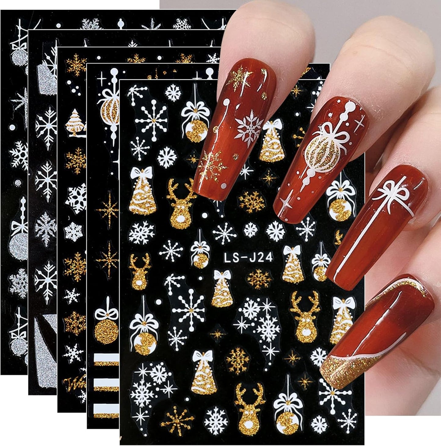 8 Sheets Christmas Glitter Nail Art Stickers Decals Self-Adhesive Pegatinas Uñas Holiday Gold Silver Reindeer Line Snowflake Nail Supplies Nail Art Design Decoration Accessories-Velvo Beauty