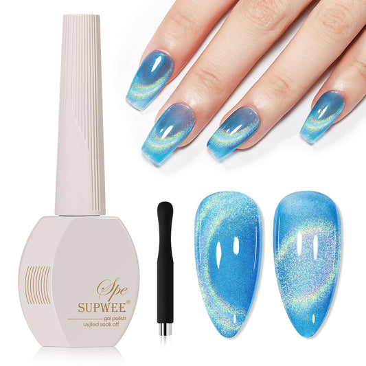 Blue Holographic Gel Nail Polish with Magnetic Rainbow Cat Eye Gel Nail Polish Cateye Glitter Nails Polishes Gels Iridescent Effect for Home DIY Women Girls-Velvo Beauty