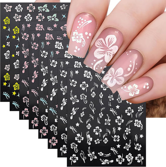 8 Sheets 3D Colored Flower Nail Stickers Summer Hibiscus Nail Decals 3D Self-Adhesive White Pink Gold Flower Pattern Women's Nail Art Supplies Decoration Accessories-Velvo Beauty