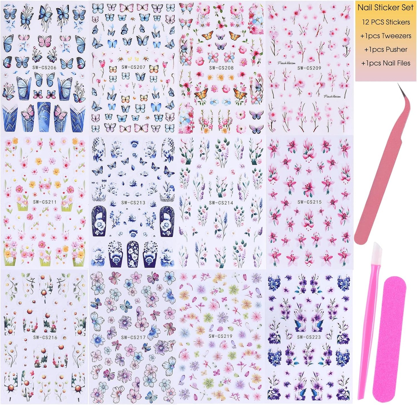 Flower Stickers for Nail Art Decals - 12 Sheets Spring Butterfly Nail Stickers with Tweezers 3D Floral Leaves Plant Nail Art Designs DIY Self Adhesive Daisy Blossom Nail Supplies Decorations-Velvo Beauty