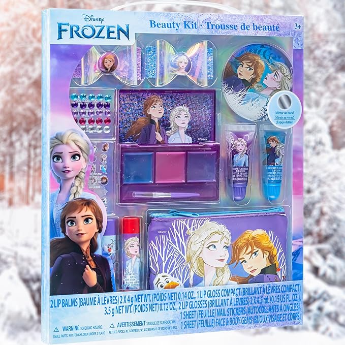 Disney Frozen - Townley Girl Super Sparkly Cosmetic Beauty Makeup Set For Girls with Clips, Lip Gloss, Nail Stickers, Lip Balm, Nail Gems and Mirror For Parties, Sleepovers & Makeovers-Velvo Beauty