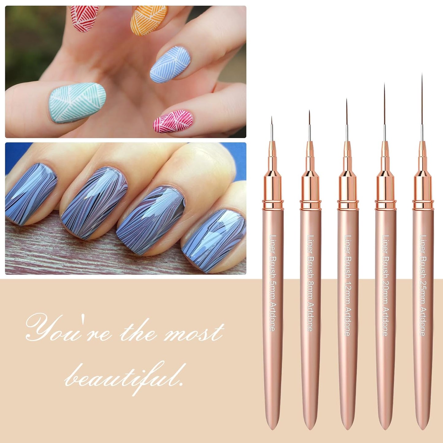 Artdone Metallic Nail Art Pens, Liner Brushes Set, 5PCS Copper Color Nail Tools For Long Lines, Thin Details, Fine Drawing, Liner Brush UV Gel Polish Painting Nail Design Sizes 5/8/12/20/25mm-Velvo Beauty