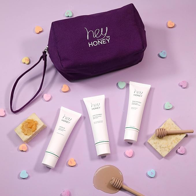 Hey Honey 4pc Set: Love Your Body Lotion, Walk The Walk Foot Cream, Hands On Honey Hand Cream, Eco Makeup Bag. Perfect for Valentine's, Xmas, Birthdays-Velvo Beauty