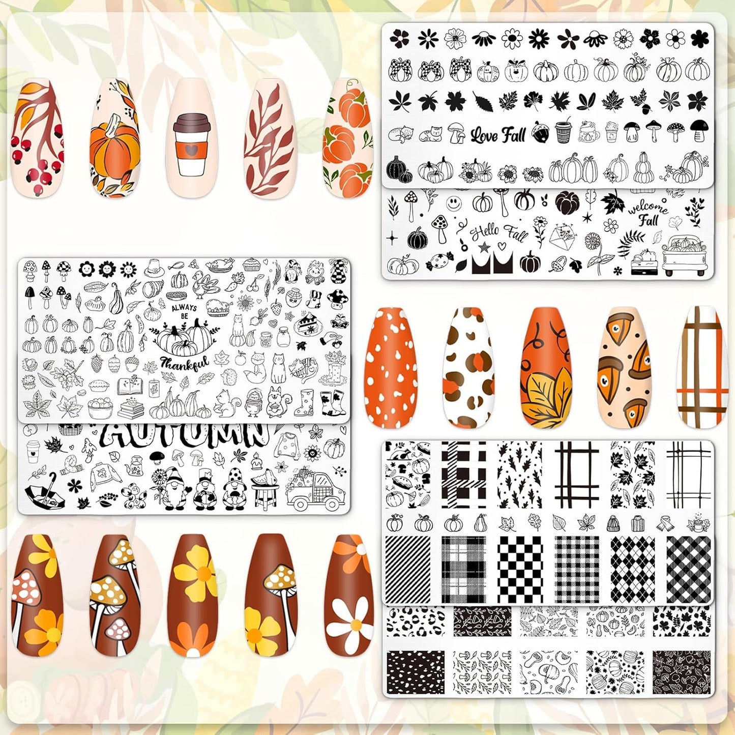 Whaline 6Pcs Fall Nail Plates Stamping Set Pumpkin Leaves Stamp Templates Nail Art Plates for Autumn Harvest Thanksgiving DIY Print Manicure Salon Design-Velvo Beauty