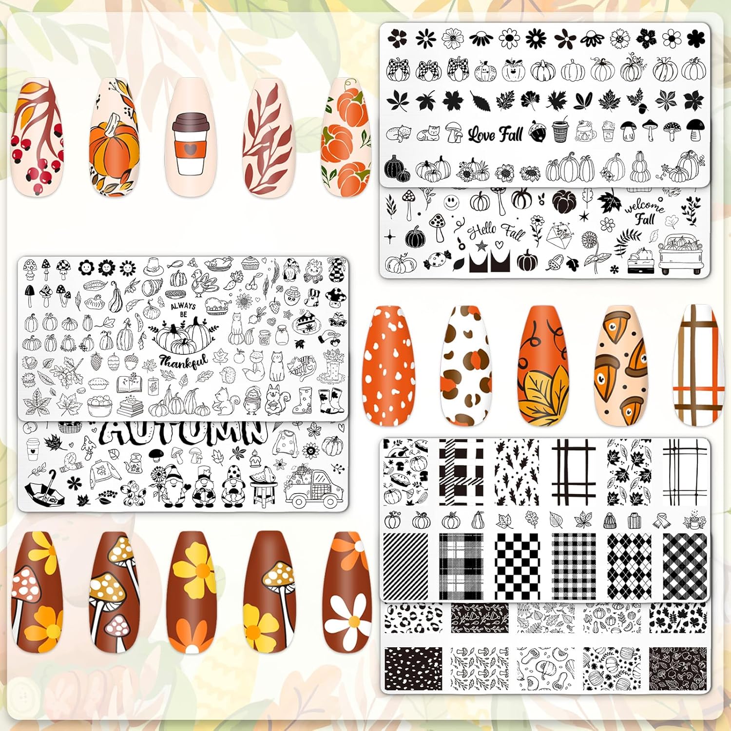 Whaline 6Pcs Fall Nail Plates Stamping Set Pumpkin Leaves Stamp Templates Nail Art Plates for Autumn Harvest Thanksgiving DIY Print Manicure Salon Design-Velvo Beauty