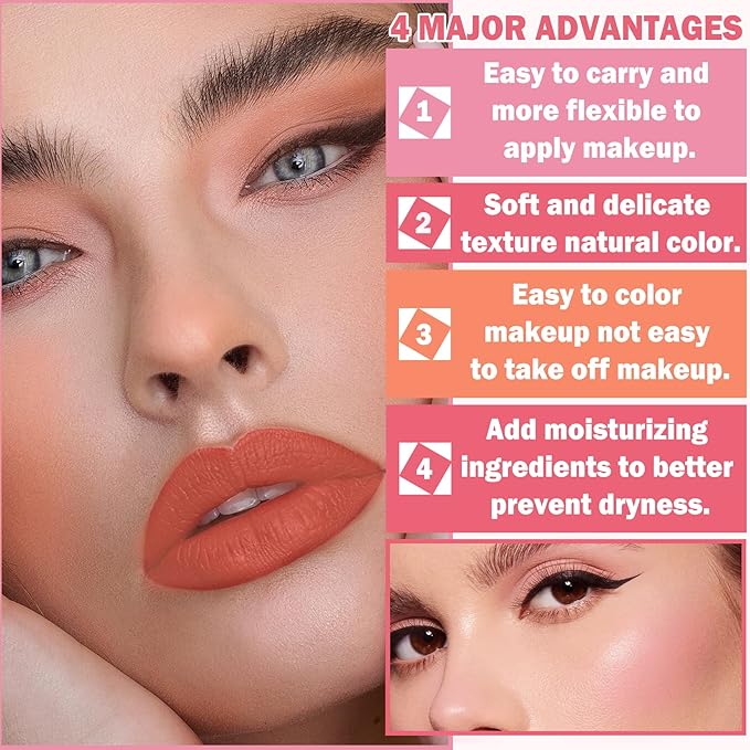 Cream Blush Stick with Brush,Waterproof Blush Makeup,Long Lasting 3 In 1 Cheek Blush & Lip Tint & Eye Shadow Makeup Stick,Easy To Use Blends Effortlessly,Cream Blush Makeup for All Skin Tones - Cherry Pink-Velvo Beauty