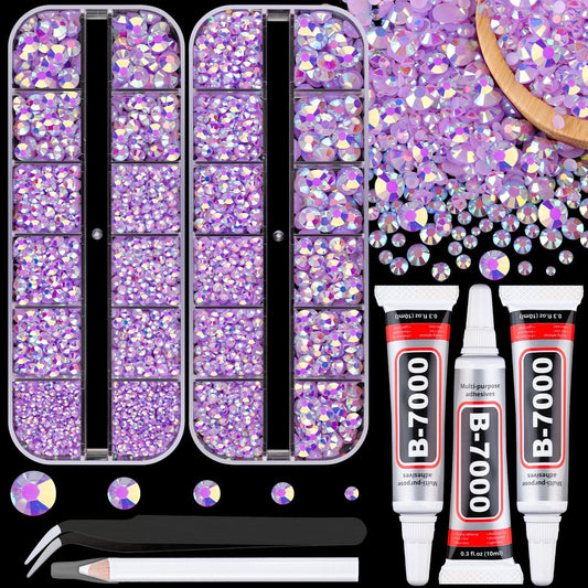 Resin Jelly Rhinestones for Crafting with B7000 Jewelry Glue, 2 Boxes Light Purple AB Flatback Crystals with 3Pcs 10ml Glue, Bedazzling Non Hotfix Gems for DIY Tumblers Clothing Shoes Manicure-Velvo Beauty