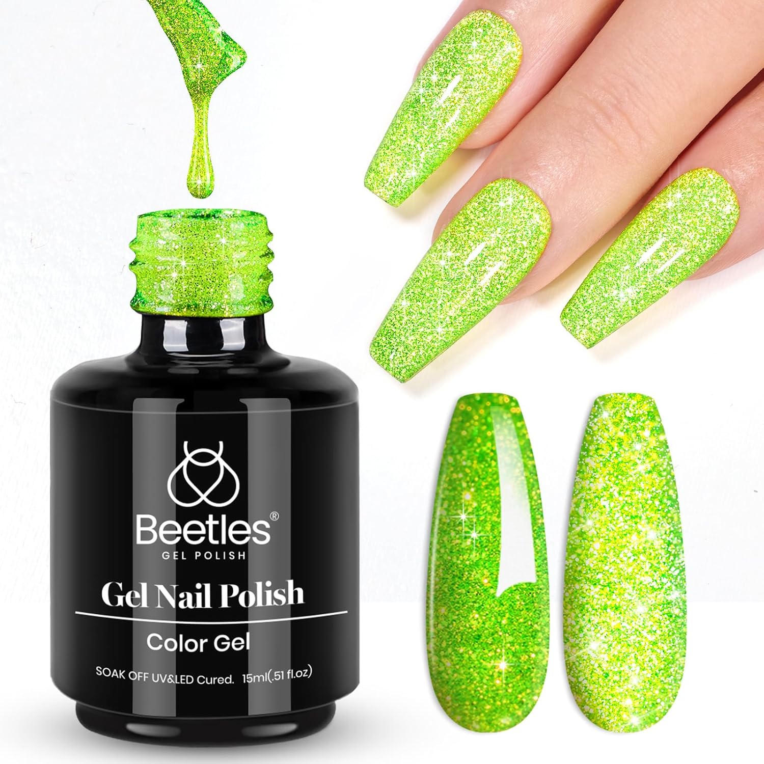 beetles Gel Polish Green Glitter Gel Nail Polish 15ml Reflective Nail Art Manicure Salon DIY at Home Gifts for Women Lime Shock-Velvo Beauty