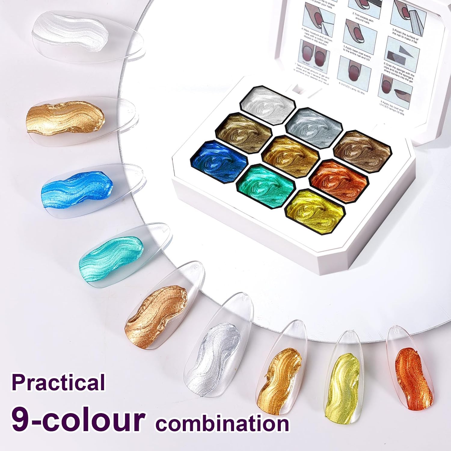 Gradient Painting Gel, 9 Colors Ombre Gel Nail Polish Gold Silver Metallic Effect Pigment Pat Aura Nails French Manicure Soak Off UV Long-lasting Home Salon DIY Nail Art Satin Metal(01)-Velvo Beauty