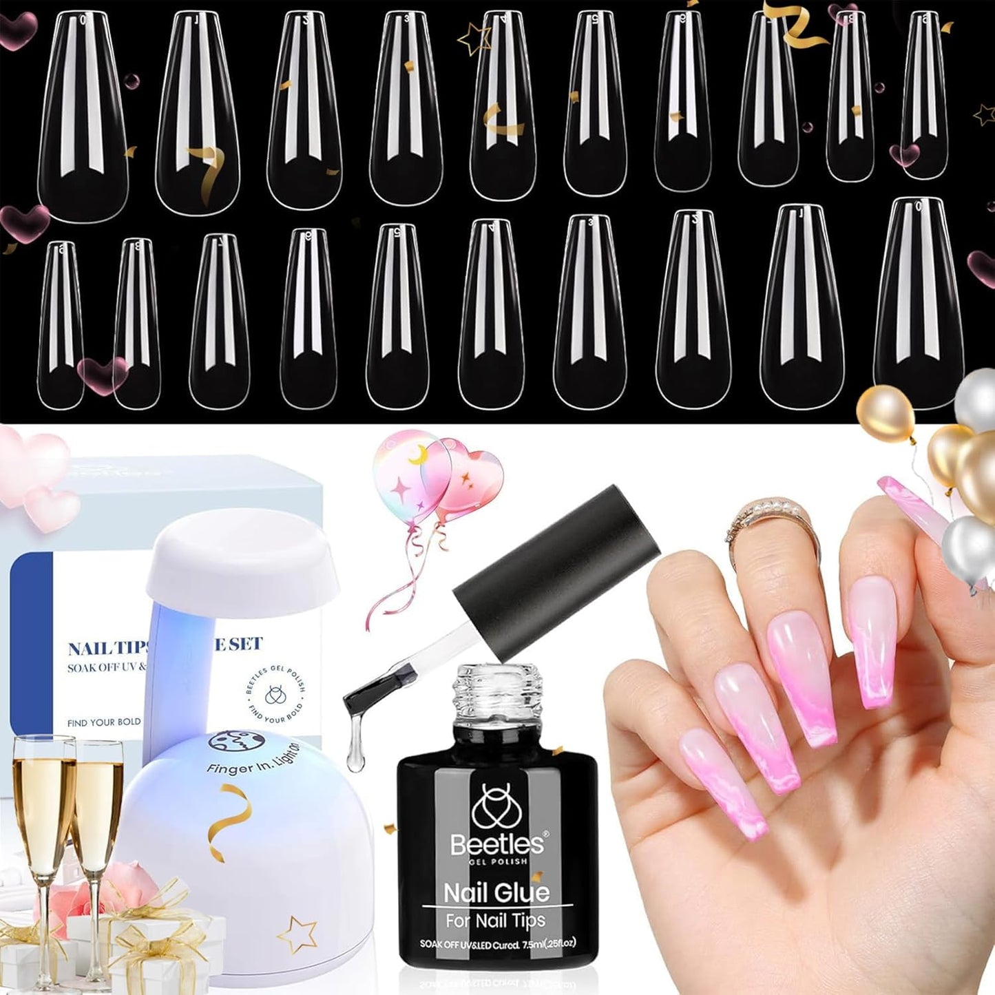 Beetles Gel Nail Kit Easy Nail Extension Set with 500Pcs Nail Tips Coffin Shape 5 In 1 Nail Glue Base Gel and Innovative Led Lamp Easy Diy Nails Art Home Gelly Tips-Velvo Beauty