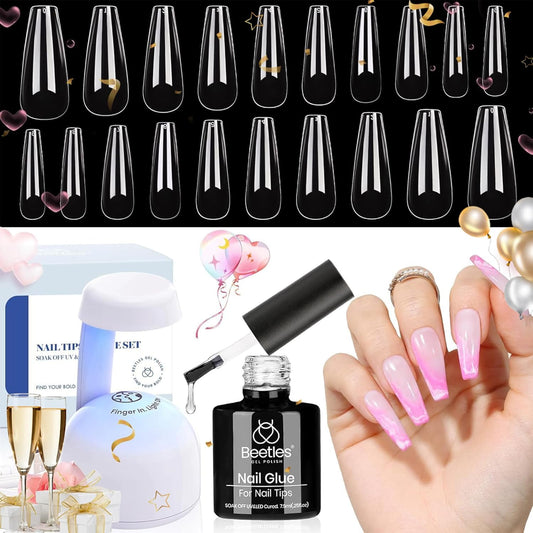 Beetles Gel Nail Kit Easy Nail Extension Set with 500Pcs Nail Tips Coffin Shape 5 In 1 Nail Glue Base Gel and Innovative Led Lamp Easy Diy Nails Art Home Gelly Tips-Velvo Beauty