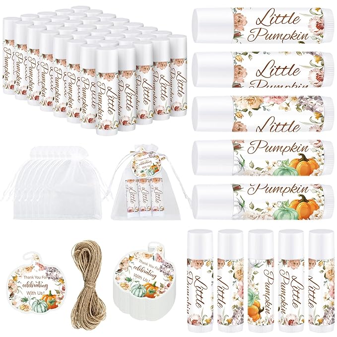 Demissle 50 Pcs Baby Shower Lip Balm Gift Set with 100 Pcs Organza Bags Baby Shower Party Favor for Guest Thank You Tag Rope Baby Shower Party Decoration Gender Reveal Souvenirs (Pumpkin and Flowers)-Velvo Beauty