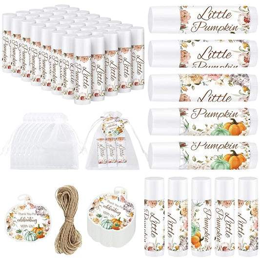 Demissle 50 Pcs Baby Shower Lip Balm Gift Set with 100 Pcs Organza Bags Baby Shower Party Favor for Guest Thank You Tag Rope Baby Shower Party Decoration Gender Reveal Souvenirs (Pumpkin and Flowers)-Velvo Beauty
