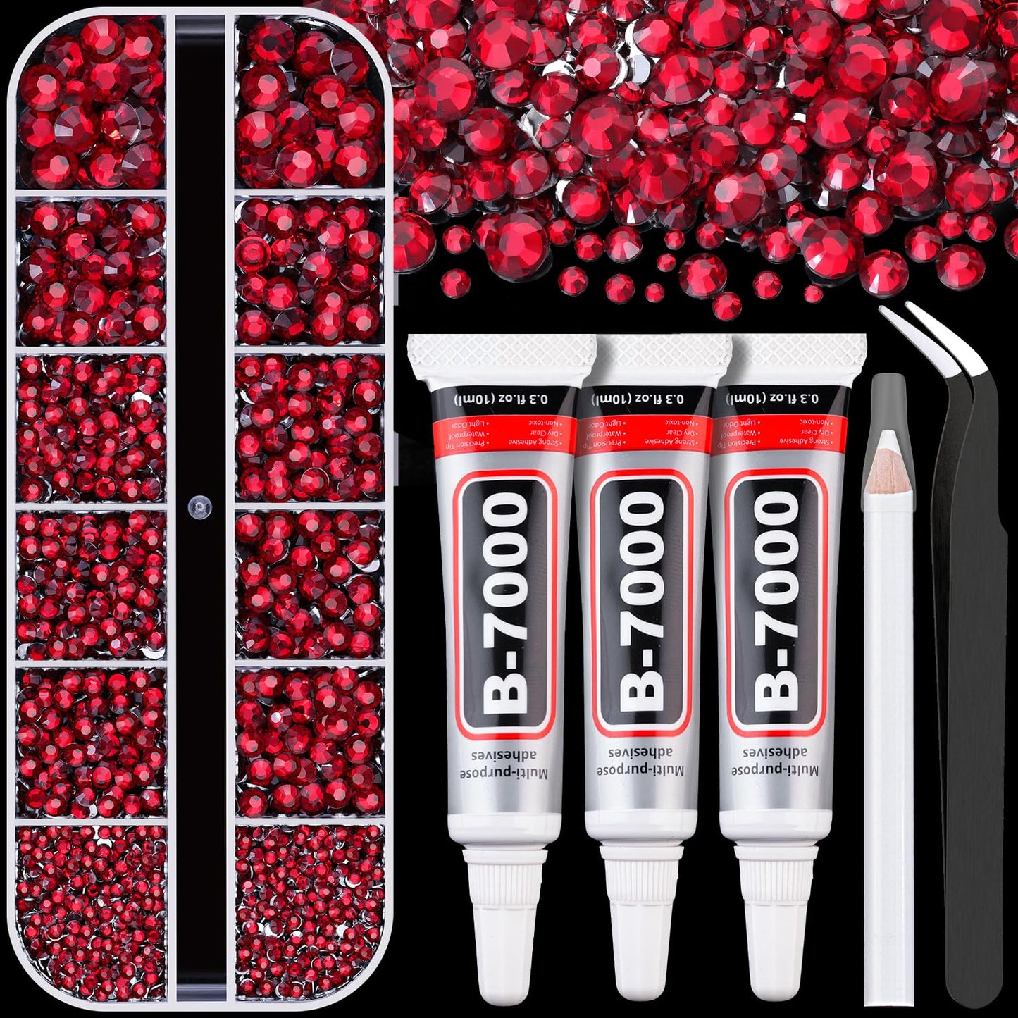 Resin Rhinestones for Crafting with B7000 Jewelry Glue, 1 Box Dark Red Flatback Crystals with 3Pcs 10ml Glue for Bedazzling Crafts DIY Nail Art Makeup，Non Hotfix Gems for Clothing Shoes-Velvo Beauty