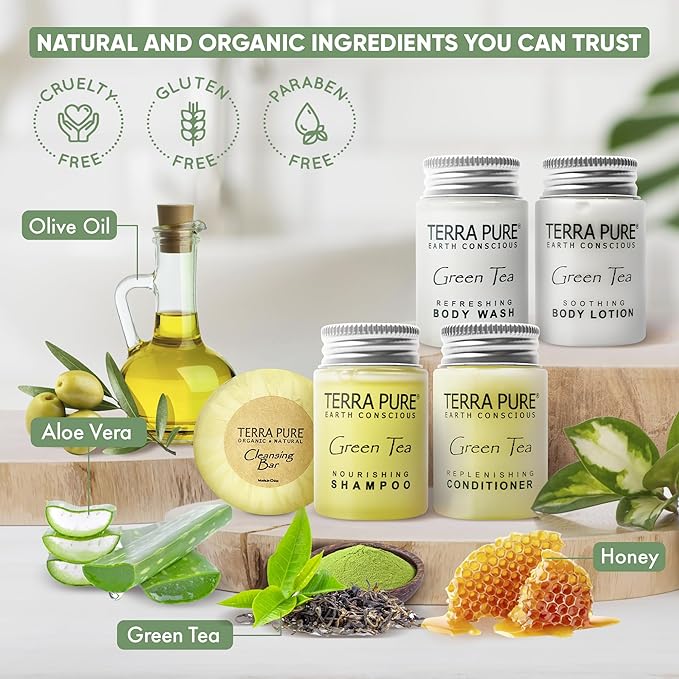 Terra Pure Green Tea Amenity & Accessory Kit | 1 oz Travel Size Shampoo, Conditioner, Lotion, Body Wash, 2 Soap Bars, Shave & Dental Sets, Make-Up Remover Wipes, & Vanity Kit | 1 set per case-Velvo Beauty