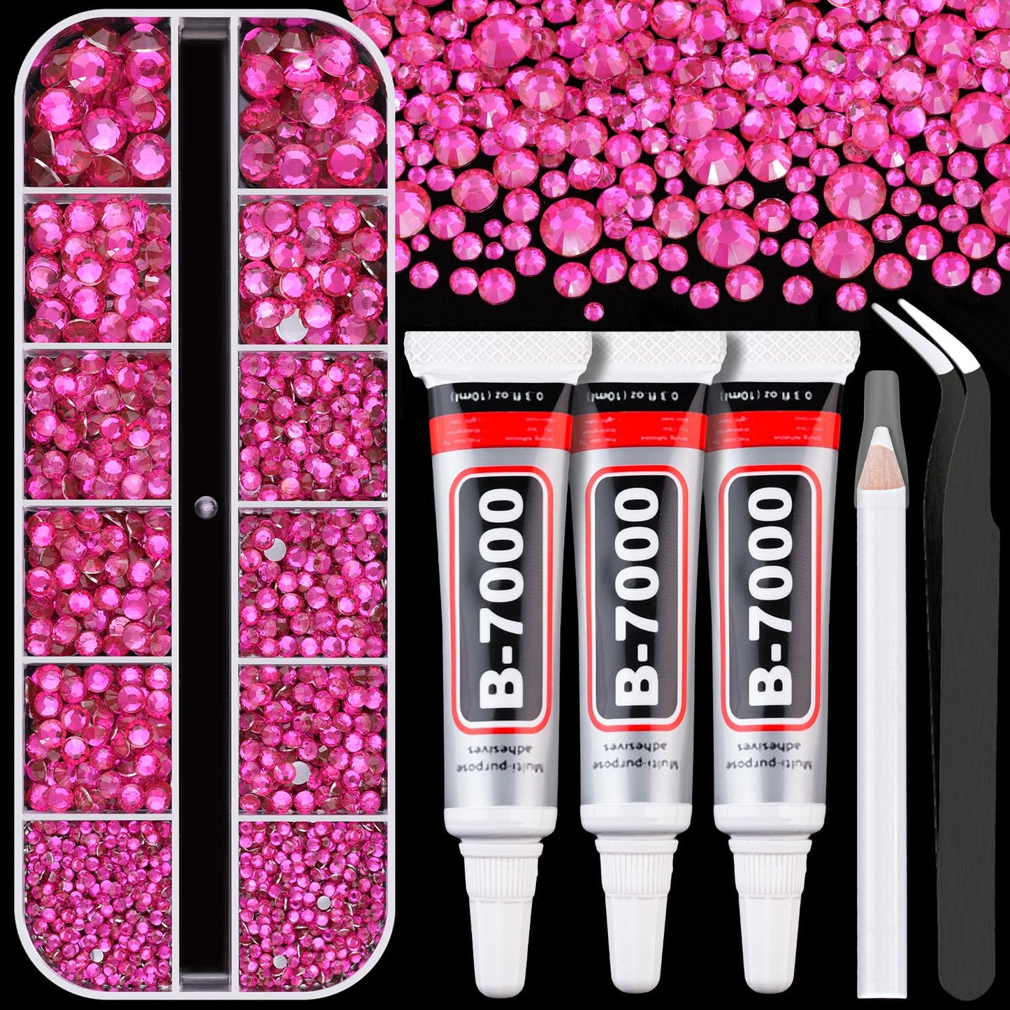 Resin Rhinestones for Crafting with B7000 Jewelry Glue, 1 Box Hot Pink Flatback Crystals with 3Pcs 10ml Glue for Bedazzling Crafts DIY Nail Art Makeup，Non Hotfix Gems for Clothing Shoes-Velvo Beauty