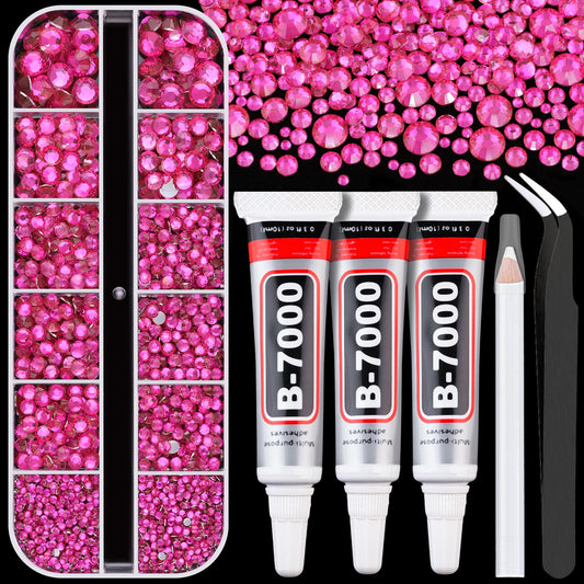 Resin Rhinestones for Crafting with B7000 Jewelry Glue, 1 Box Hot Pink Flatback Crystals with 3Pcs 10ml Glue for Bedazzling Crafts DIY Nail Art Makeup，Non Hotfix Gems for Clothing Shoes-Velvo Beauty