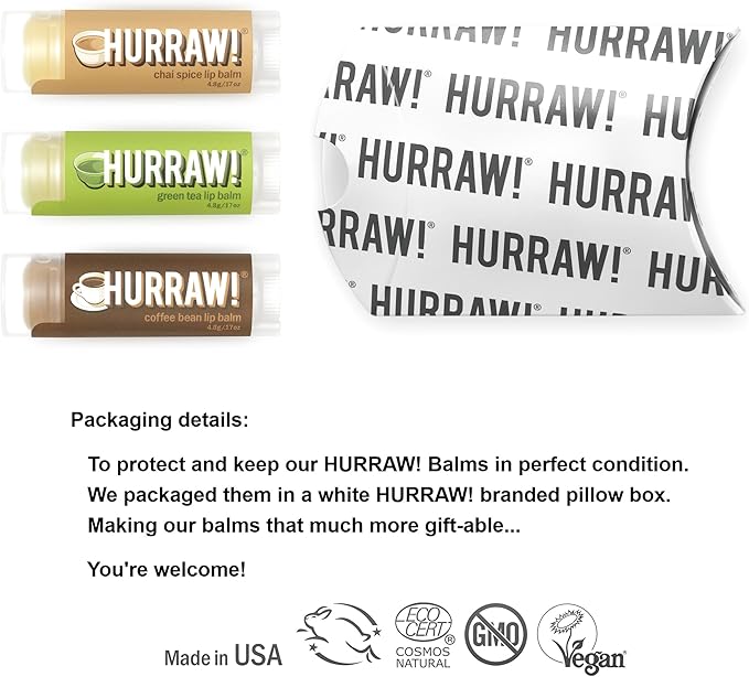 Hurraw! Chai Spice, Green Tea, Coffee Bean Lip Balms, 3 Pack Bundle: Organic, Certified Vegan, Cruelty and Gluten Free. Non-GMO, 100% Natural Ingredients. Bee, Shea, Soy and Palm Free. Made in USA-Velvo Beauty