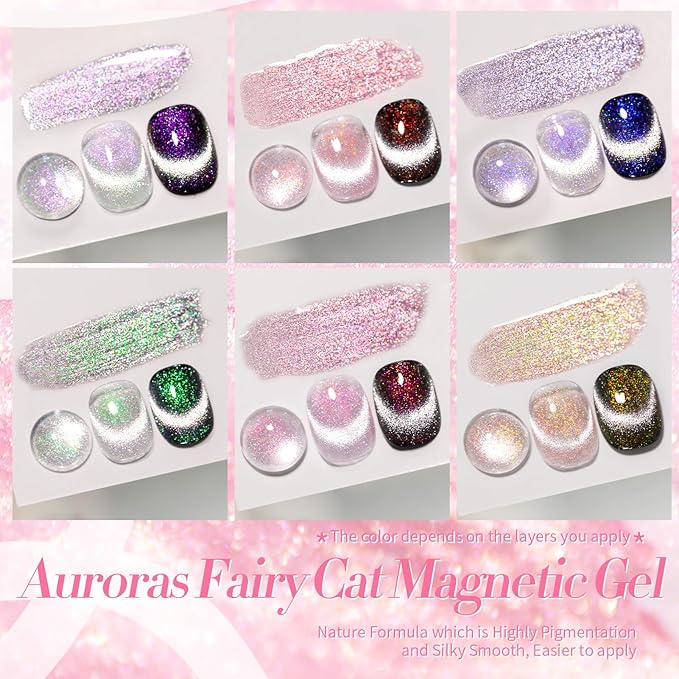 Born Pretty Cat Magnetic Eye Gel Nail Polish, Mermaid Aurora Holographic Pink Blue Green Yellow Gel Polish, Soak Off U V LED Gel Polish Nail Art Design Manicure Salon DIY Home 7ML 6PCS-Velvo Beauty